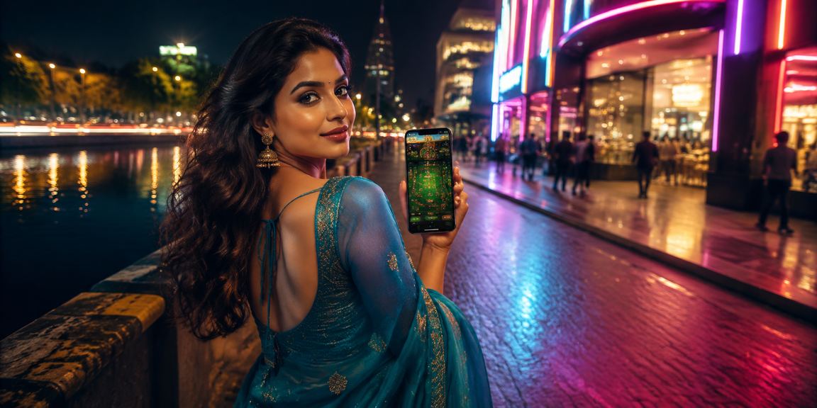 Indian woman using live casino app in Connaught Place Delhi at night